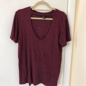Forever 21 Ripped Distressed Burgandy Choker Tee